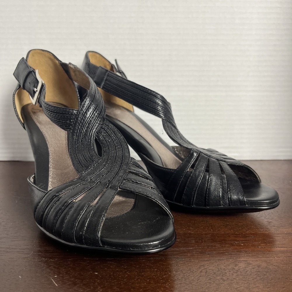 Sofft Strappy Peep Toe Leather Heels Size 8.5M Black Comfort Cushion Buckle Shoe